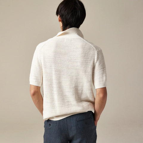 Short-sleeve linen-cotton blend johnny-collar sweater-polo