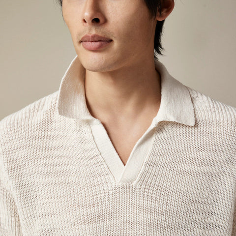 Short-sleeve linen-cotton blend johnny-collar sweater-polo