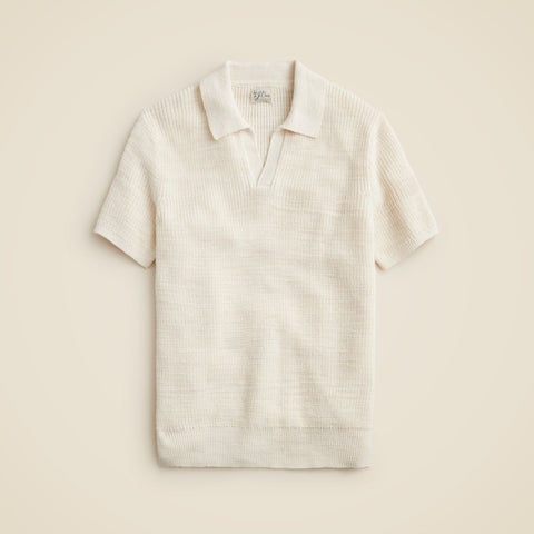 Short-sleeve linen-cotton blend johnny-collar sweater-polo