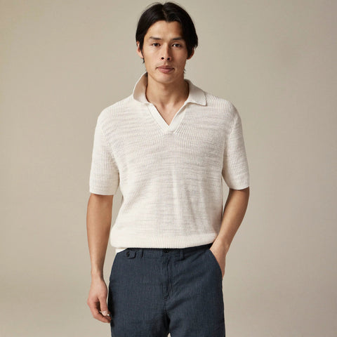 Short-sleeve linen-cotton blend johnny-collar sweater-polo