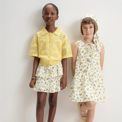 Girls' drop-waist ruffle dress in blurry rose print