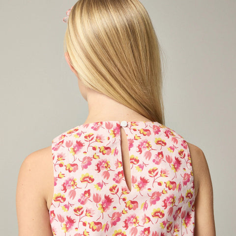 Girls' bubble tank top in linen-cotton blend floral