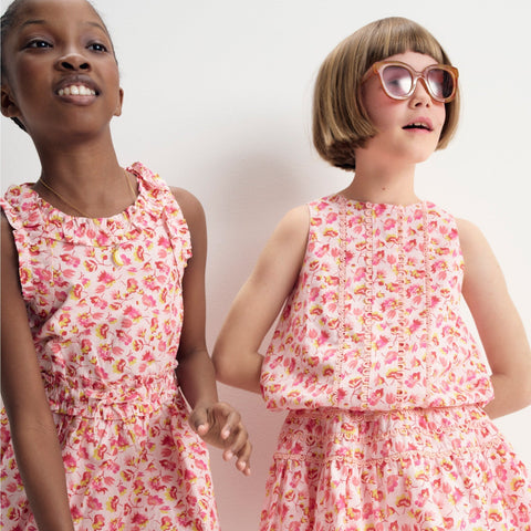 Girls' bubble tank top in linen-cotton blend floral