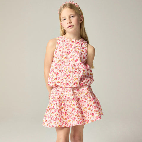 Girls' bubble tank top in linen-cotton blend floral