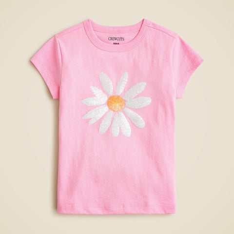Girls' short-sleeve daisy graphic T-shirt with sequins