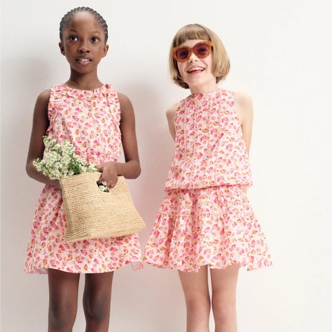 Girls' rickrack skirt in linen-cotton blend floral