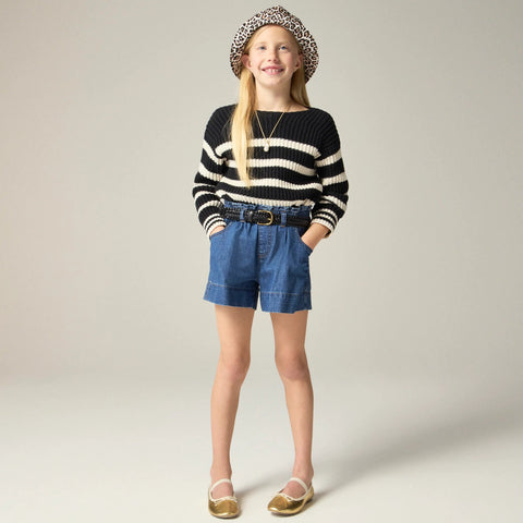 Girls' paper-bag short in chambray