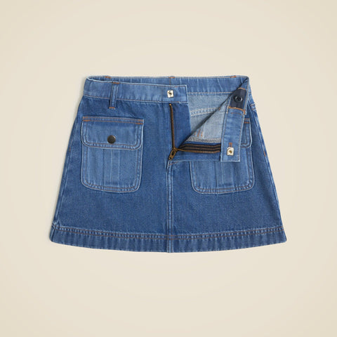 Girls' drapey denim patch-pocket skirt