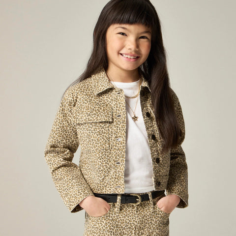 Girls' denim jacket in leopard print