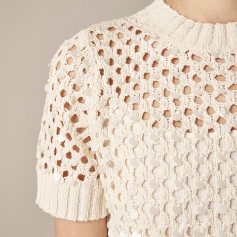 Pointelle embellished short-sleeve sweater