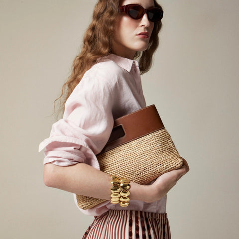 Handknotted raffia rectangular clutch with leather handles