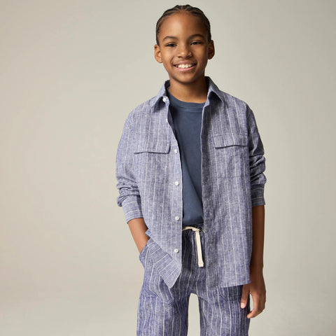 Kids' long-sleeve camp-pocket shirt in linen-cotton blend