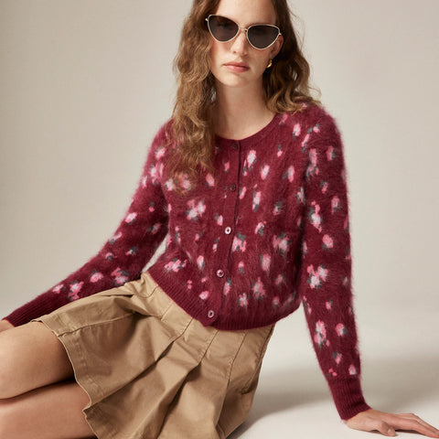 Brushed cashmere cropped cardigan in blurry floral