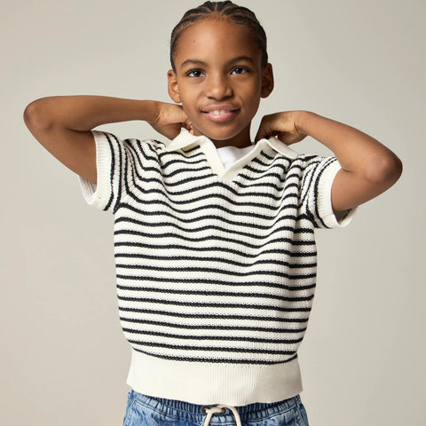 Kids' short-sleeve johnny-collar sweater-polo in stripe