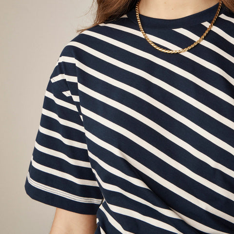 Pima cotton asymmetrical ruched T-shirt in stripe