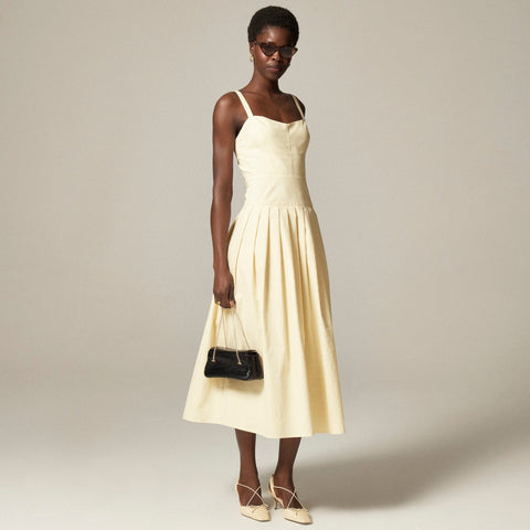 Pleated drop-waist dress in crinkle cotton blend