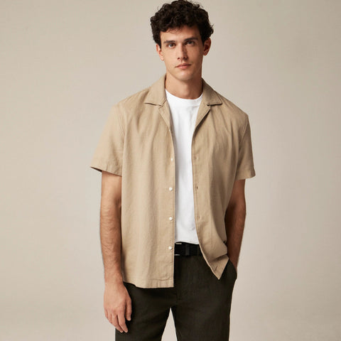 Short-sleeve textured cotton camp-collar shirt