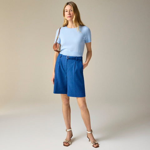 Pleated 9" trouser short in stretch linen blend