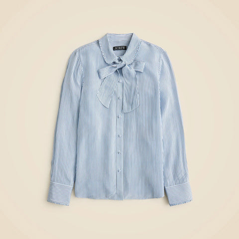 Removable tie-neck button-up shirt in striped crepe de chine