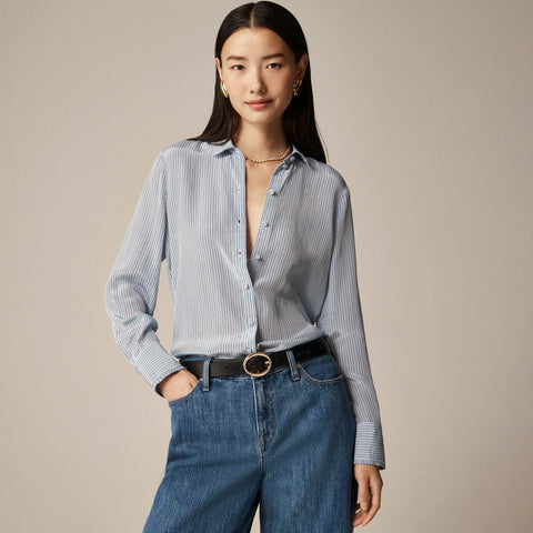 Removable tie-neck button-up shirt in striped crepe de chine