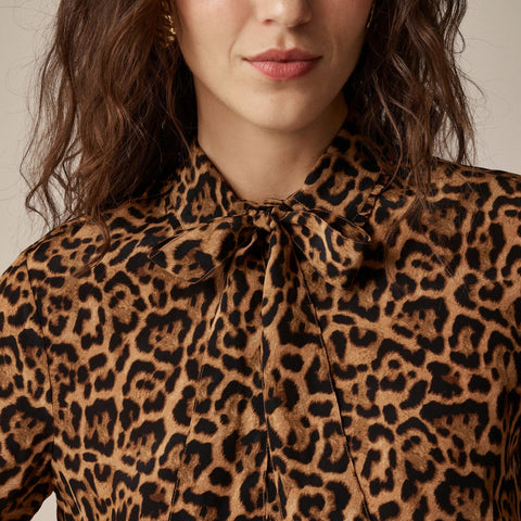 Removable tie-neck button-up shirt in leopard crepe de chine