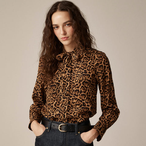 Removable tie-neck button-up shirt in leopard crepe de chine
