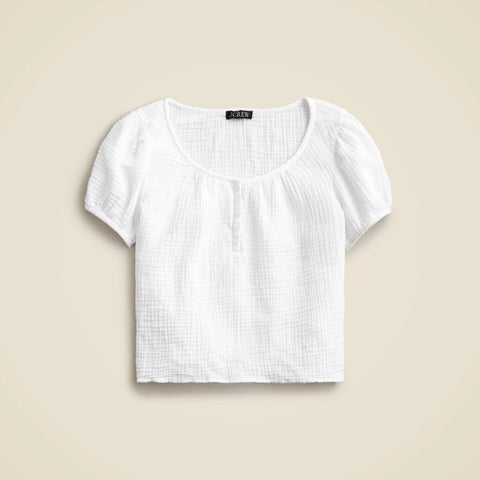 Puff-sleeve henley top in gauze