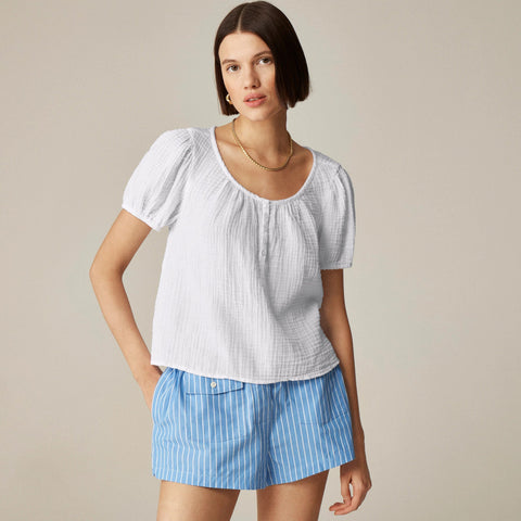 Puff-sleeve henley top in gauze