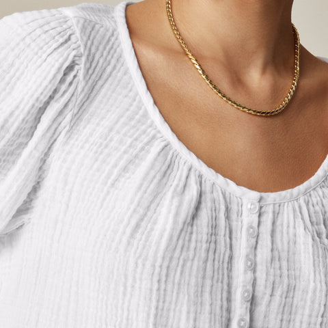 Puff-sleeve henley top in gauze