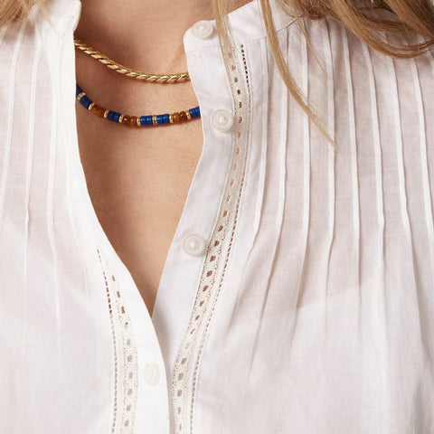 Pintuck lace-trim top in cotton voile