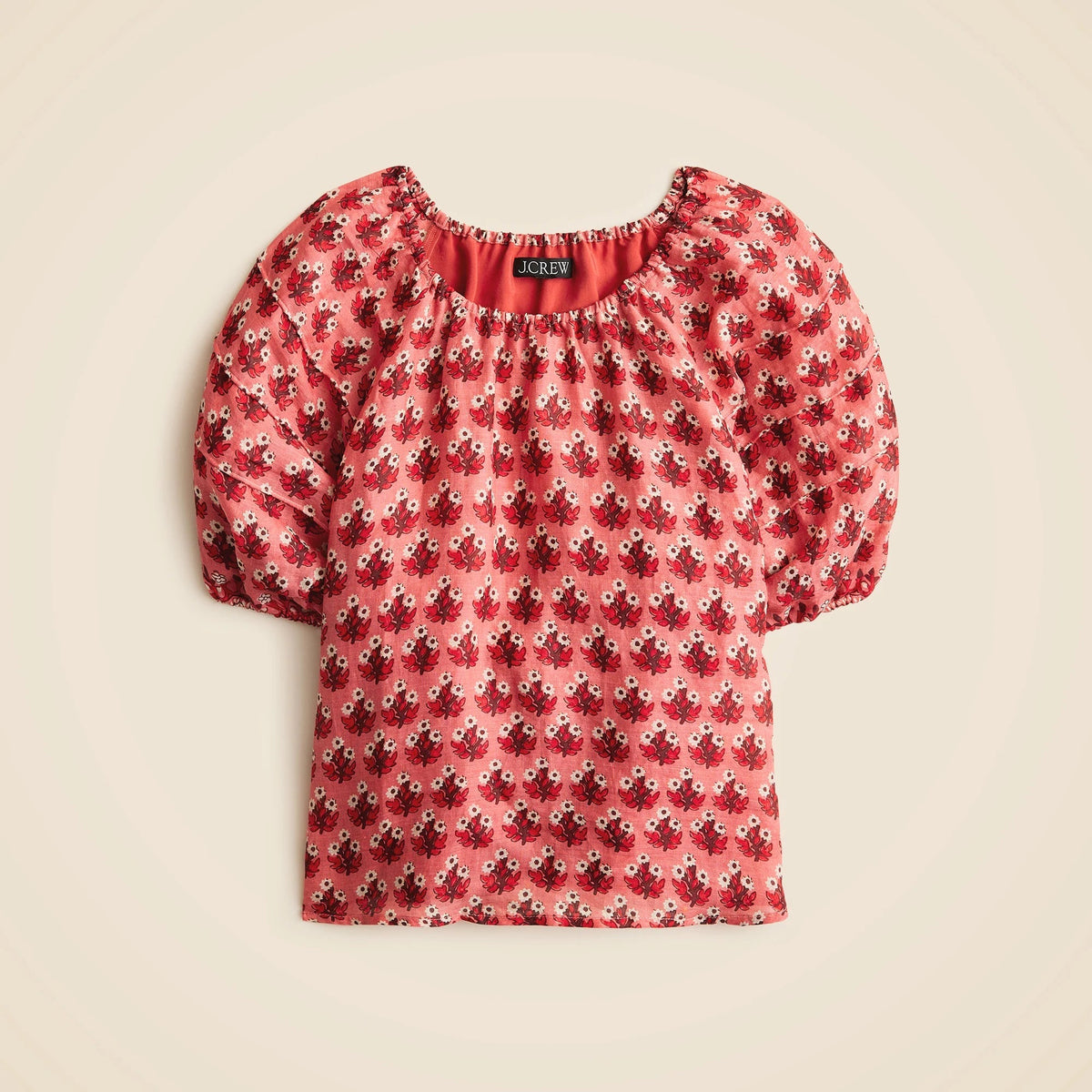 Puff-sleeve top in block-print ramie