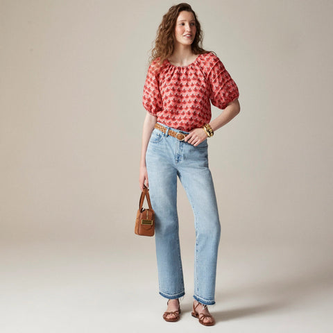 Puff-sleeve top in block-print ramie