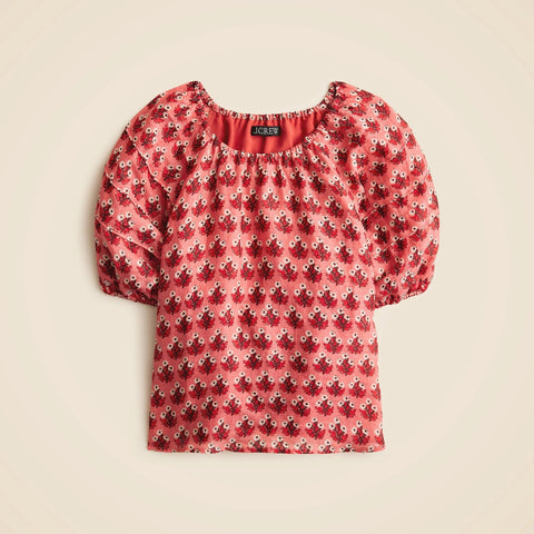 Puff-sleeve top in block-print ramie