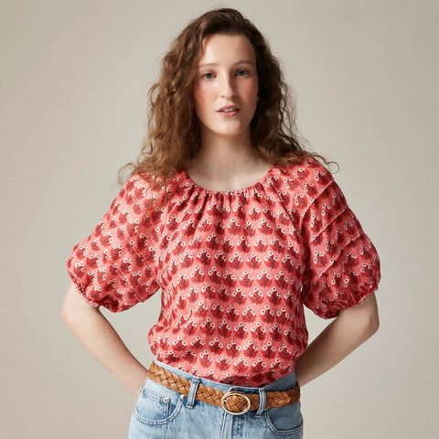 Puff-sleeve top in block-print ramie