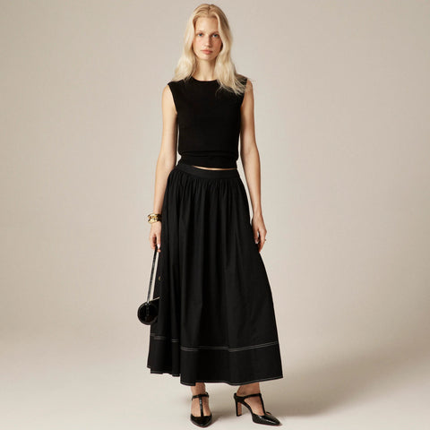 Contrast-stitch midi skirt in cotton poplin