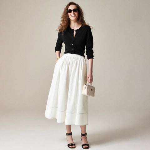 Petite contrast-stitch midi skirt in cotton poplin