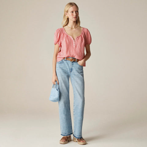 Puff-sleeve henley in striped gauze