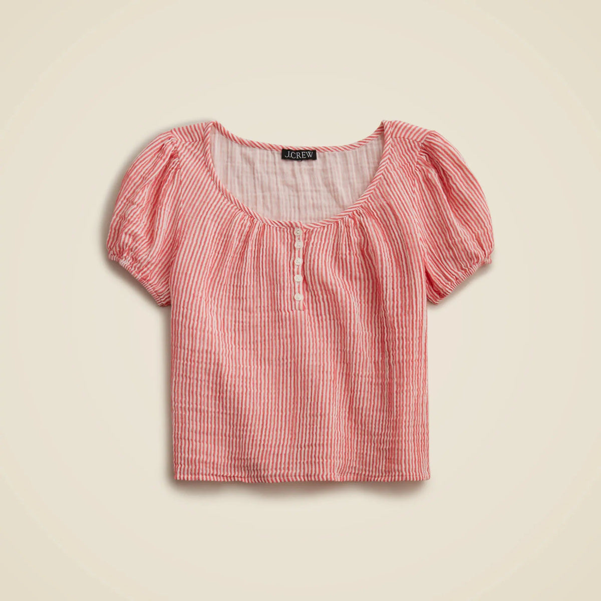 Puff-sleeve henley in striped gauze