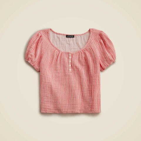 Puff-sleeve henley in striped gauze