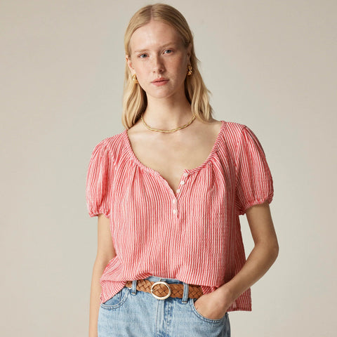 Puff-sleeve henley in striped gauze