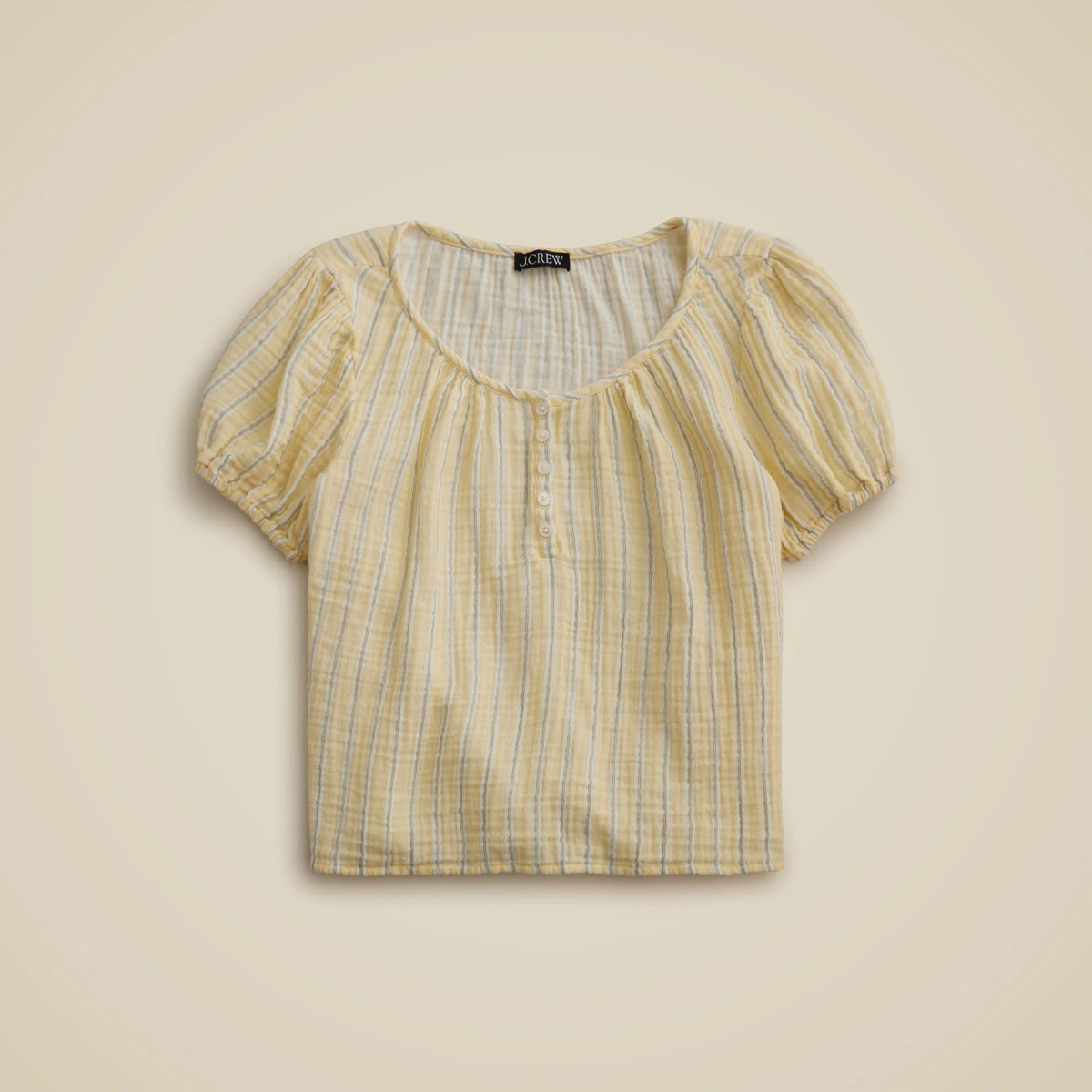 Puff-sleeve henley in striped gauze