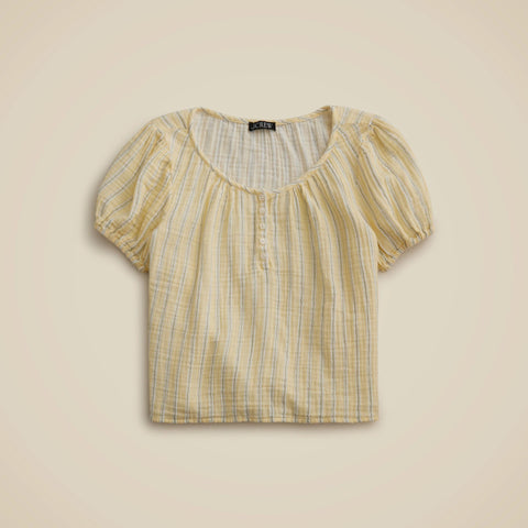 Puff-sleeve henley in striped gauze