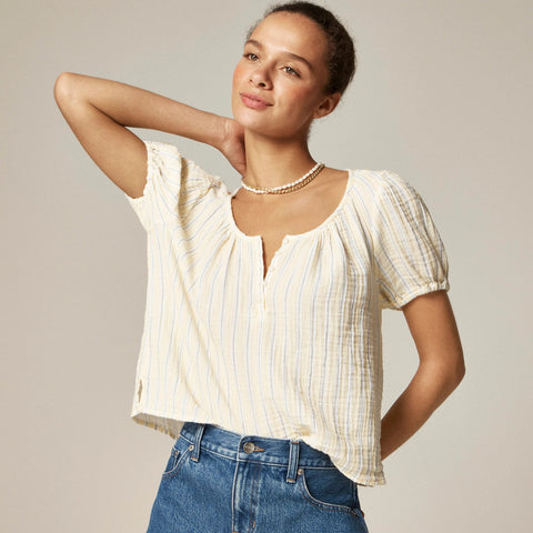 Puff-sleeve henley in striped gauze
