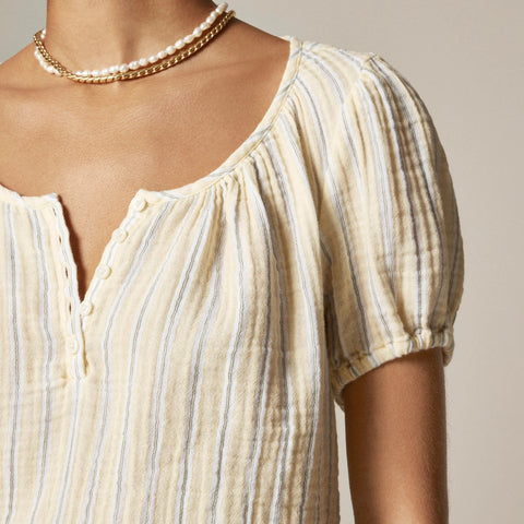 Puff-sleeve henley in striped gauze