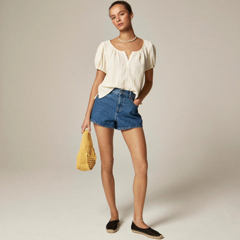 Puff-sleeve henley in striped gauze