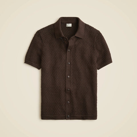 Short-sleeve linen texture-stitch cardigan sweater-polo