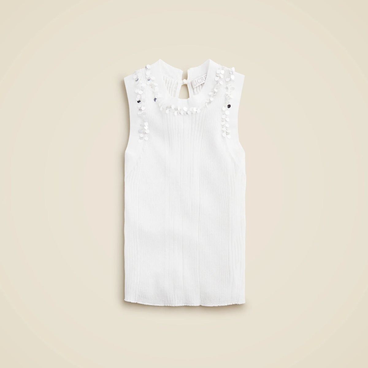 Sheer ruffle-trim tank top with sequin embellishments