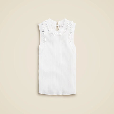 Sheer ruffle-trim tank top with sequin embellishments