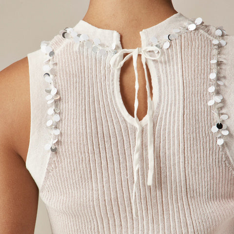 Sheer ruffle-trim tank top with sequin embellishments