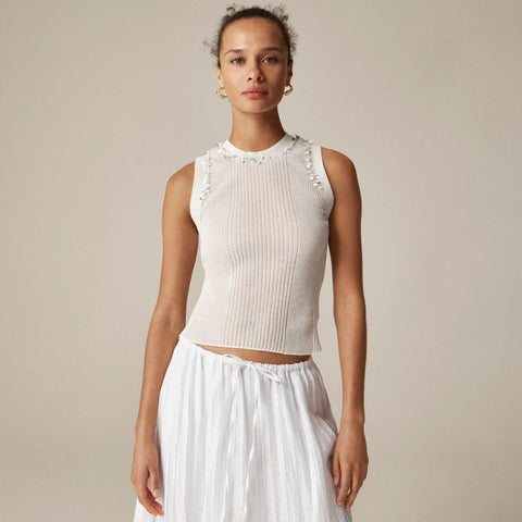 Sheer ruffle-trim tank top with sequin embellishments